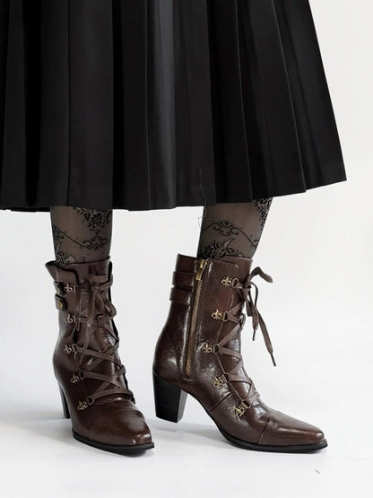 PU Dual with Leather Brown Steampunk Closure - Lace-Up Pointed Zip Toe Boots Ankle Inner