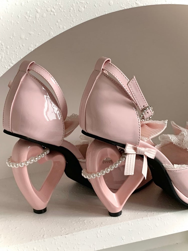 with Beaded Lolita Pink Shoes High-heel Hime Embellishments