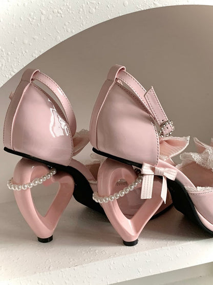 with Beaded Lolita Pink Shoes High-heel Hime Embellishments