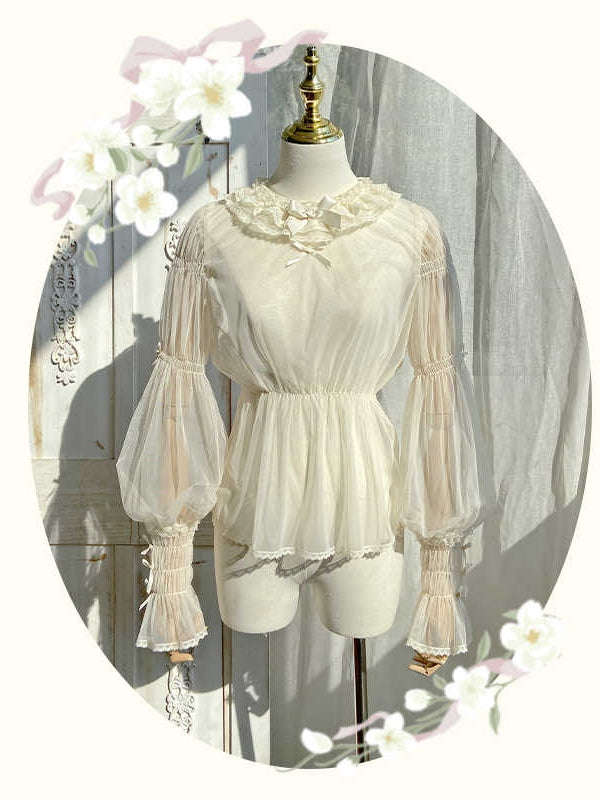 ベージュのセミシースルーレッグオブマトンスリーブブラウス