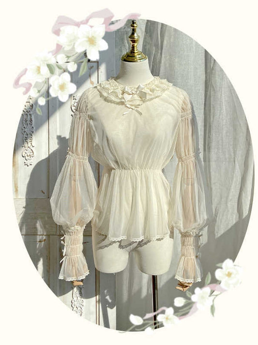 Beigefarbene, halbtransparente Bluse mit Lammkeulenärmeln