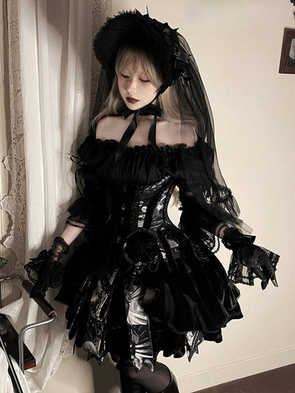 Cuffs Black Blouse Lace Off-the-shoulder Lolita with