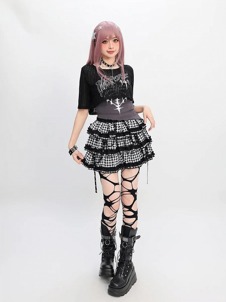 Stufenrock Y2K Rot Schwarz/Schwarz Weiß Karierte Trägerdetails