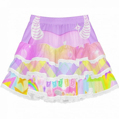 A-Linie Y2K Streifenmuster Weiß/Blau/Lila Stufenrock mit Spitzenbesatz