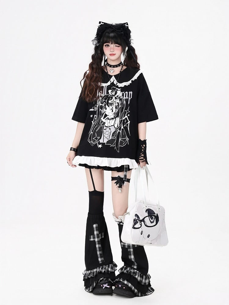 Anime Girl Print Black Peter Pan Collar Short Sleeve T-Shirt with Ruffle Hem - CRAZY GIRL