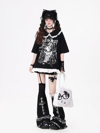 Anime Girl Print Black Peter Pan Collar Short Sleeve T-Shirt with Ruffle Hem - CRAZY GIRL