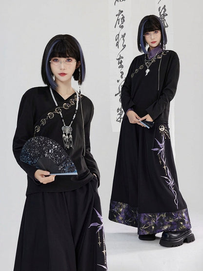 Lunar Embroidery Cross Style Long - Phase Cheongsam Top Collar Sleeve Black Unisex