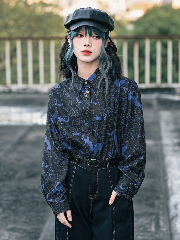 Kitty Print Black Long-Sleeve Shirt with Shell Buttons - Quirky Hut
