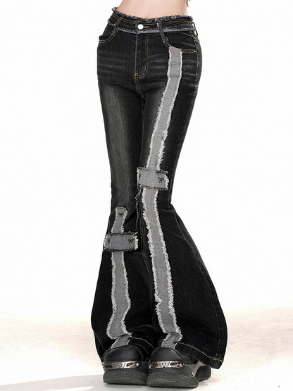 Distressed Black High Waist Flare Jeans with Raw Hem - Kelly Kitty