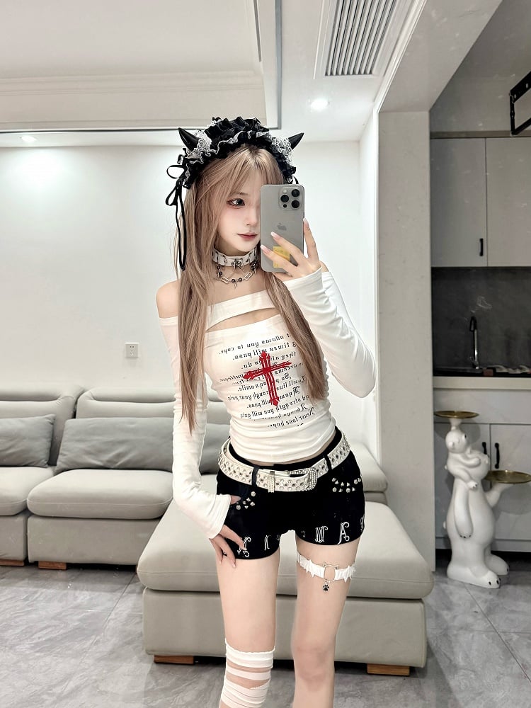 Red with White Print Bold Top Style Front Subculture Cutout Off-Shoulder | Cross