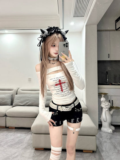 Red with White Print Bold Top Style Front Subculture Cutout Off-Shoulder | Cross