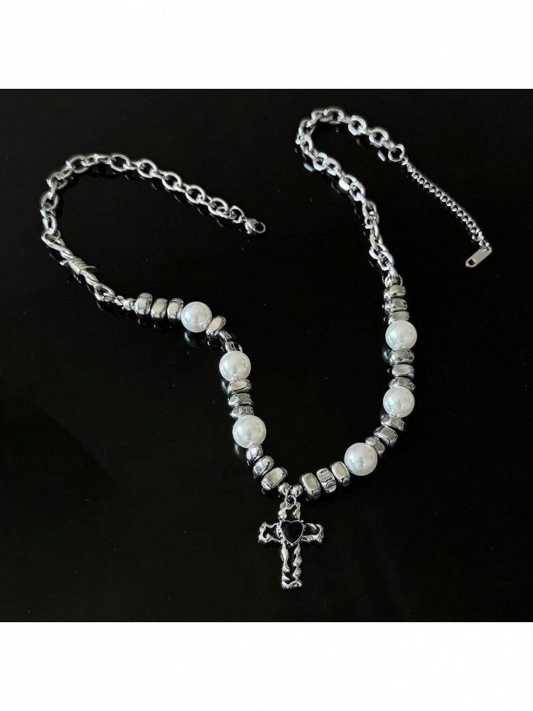 Silver Cross Pearl Pendant Necklace - YSHXS