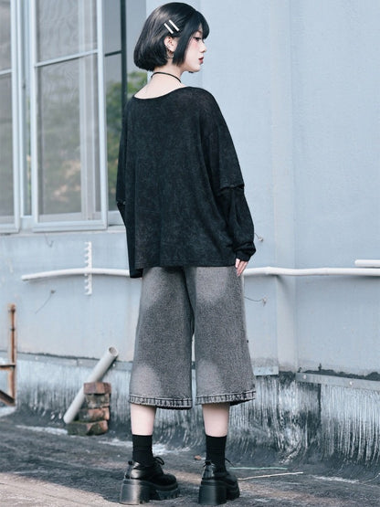 Distressed Denim Cropped Wide-Leg Pants - Quirky Hut