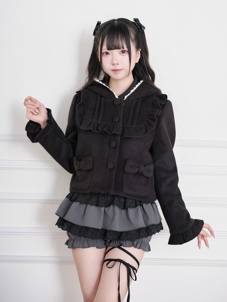 Black Jirai-Kei Wool-Blend Short Hooded Jacket, Ruffled Detail - No Genki