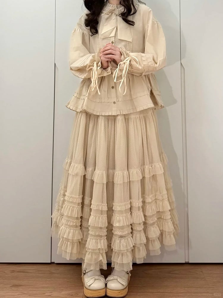 Jupe multicouche en tulle beige élégant à ourlet volanté ample Lolita