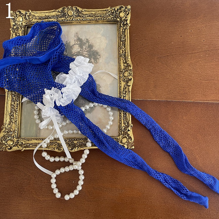 Trim Socks/Floral Cut-out Tulle Bowknot Design Stockings with Pattern Tights/White Lace Underknee Blue Fishnet