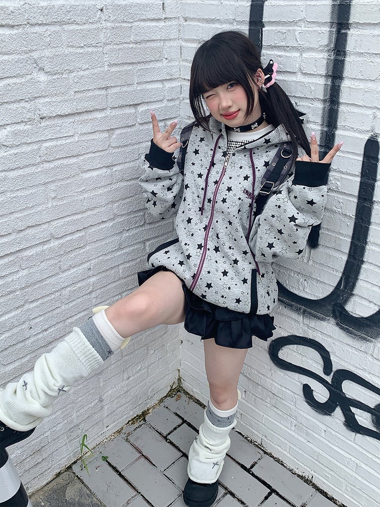 Grey Y2K Hoodie Jacket with Star-print