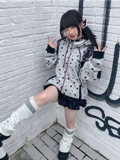Grey Y2K Hoodie Jacket with Star-print