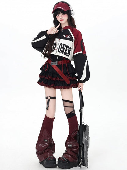 - Jacket Red Adjustment Black Baseball for Bittersweet Detachable Hem Length