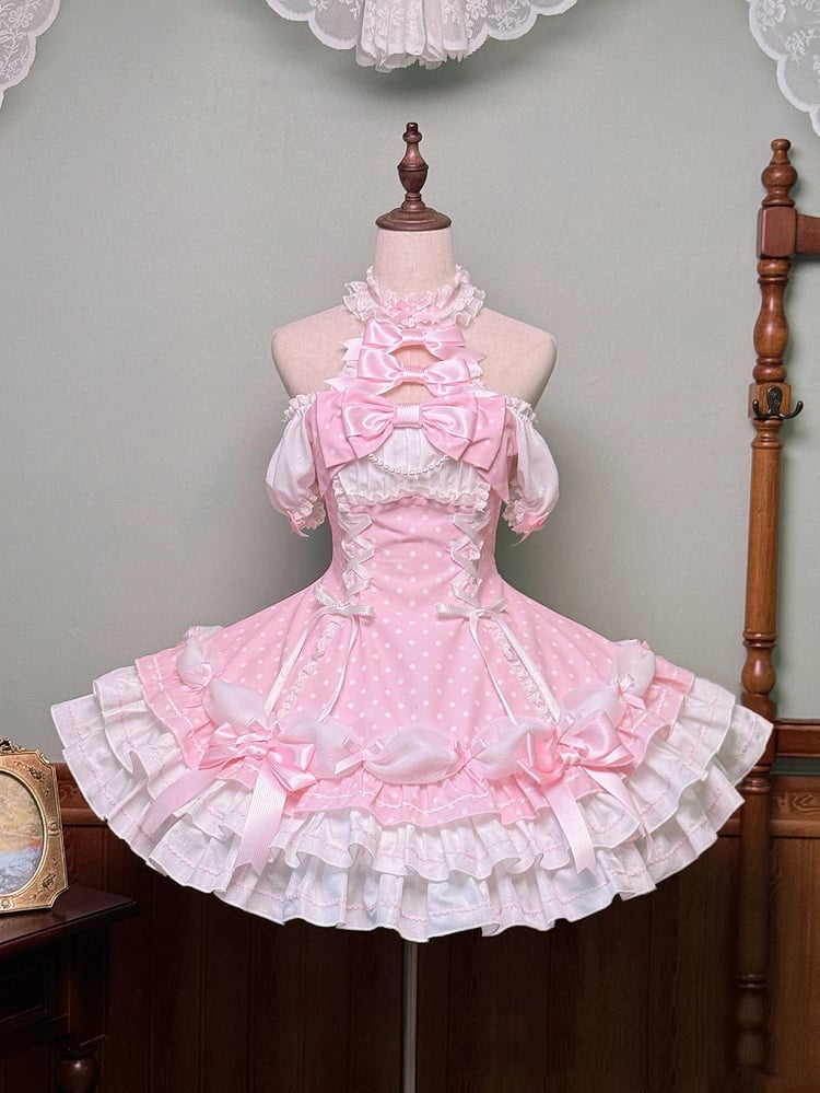 Ärmel Polka und Pink Alt mit Kleid Lolita Akzente Schleife Hals Neckholder Dot Puff Schule