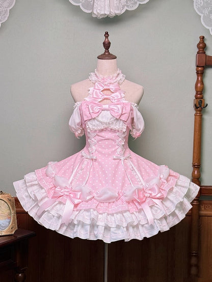 Sleeves Polka and Pink Old with Dress Lolita Accents Bow Neck Halter Dot Puff School