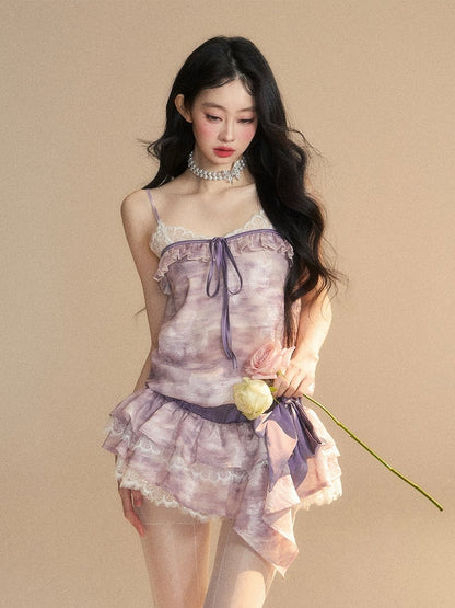 Lavender Oil Strap Tiered with Skirt Slip Dress Mini Painting Self-tie