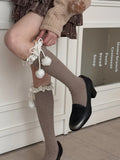 Over-the-Knee Stockings with Cuffs Pom-Pom Ribbed Lace