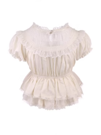 Top Trim Hem Apricot With Lace Sleeves Puff Peplum