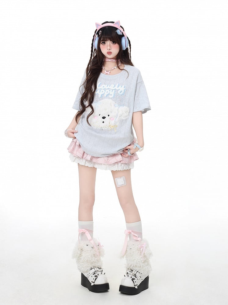 Loose Adorable Plush Puppy Black/Light Blue T-Shirt Round Neck