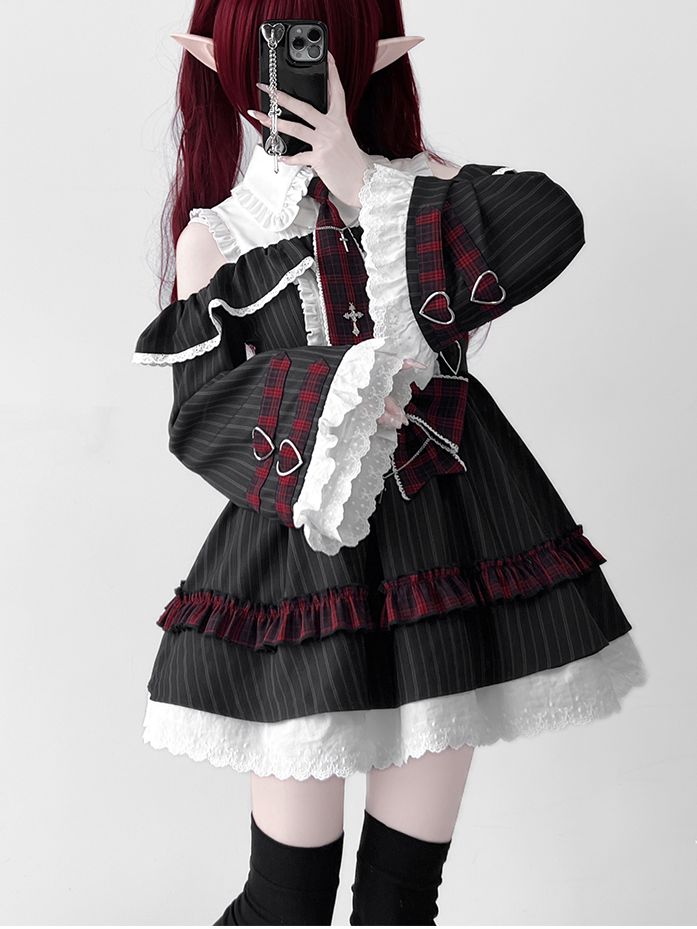 Kleid Bell Plaid Tie Idol und Schulterausschnitt Lolita Schwarz Bowknot Streifen Rot mit Ärmeln