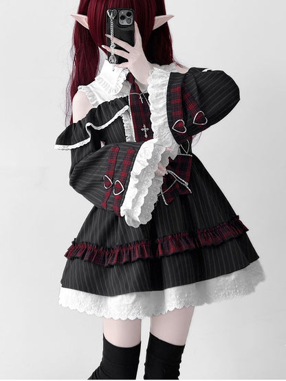 Kleid Bell Plaid Tie Idol und Schulterausschnitt Lolita Schwarz Bowknot Streifen Rot mit Ärmeln
