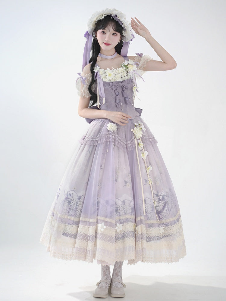 Klassischer Langer Rock Lolita Dekoration + Jasmine Top Print Set Lila Korsett Floral