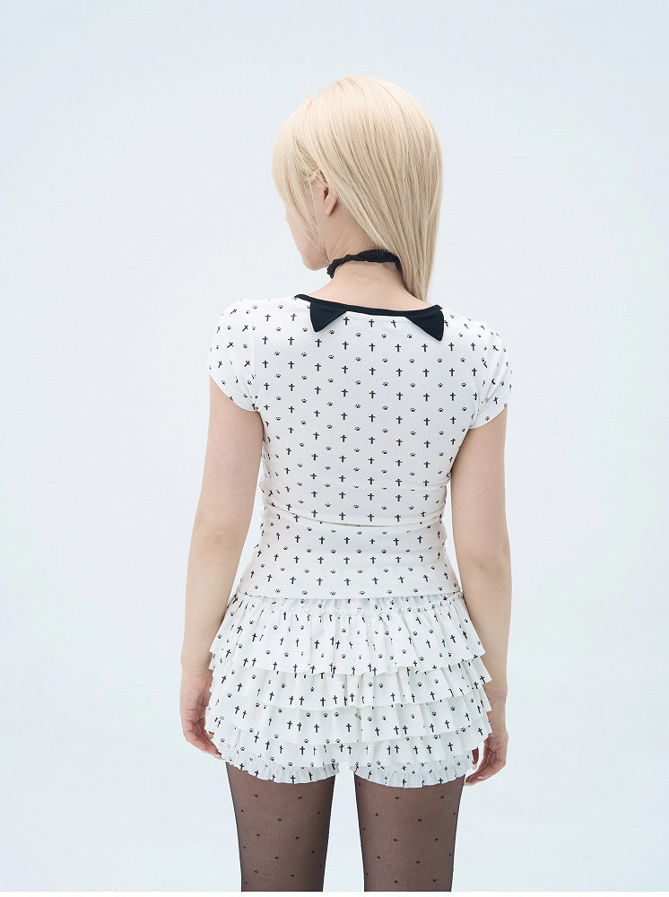 Pastel Gothic White Allover Cat Paw and Cross Print Tiered Ruffles Skort