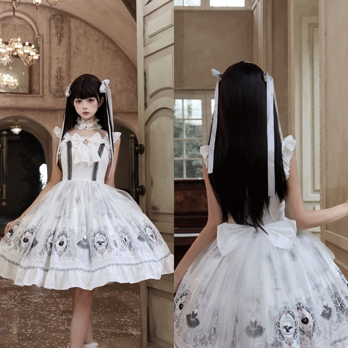Ivory white Midnight Ballet Gothic Lolita JSK front and back views