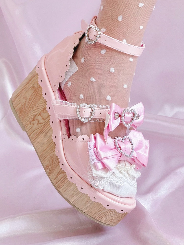 Heart Gyaru Beaded - Bow Wedge Pink Accents Platform Buckles Hime Sandals
