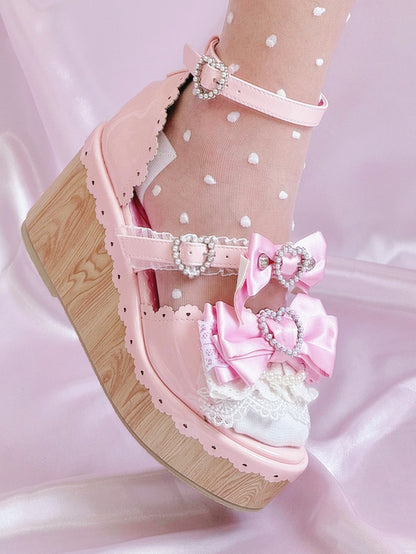 Heart Gyaru Beaded - Bow Wedge Pink Accents Platform Buckles Hime Sandals