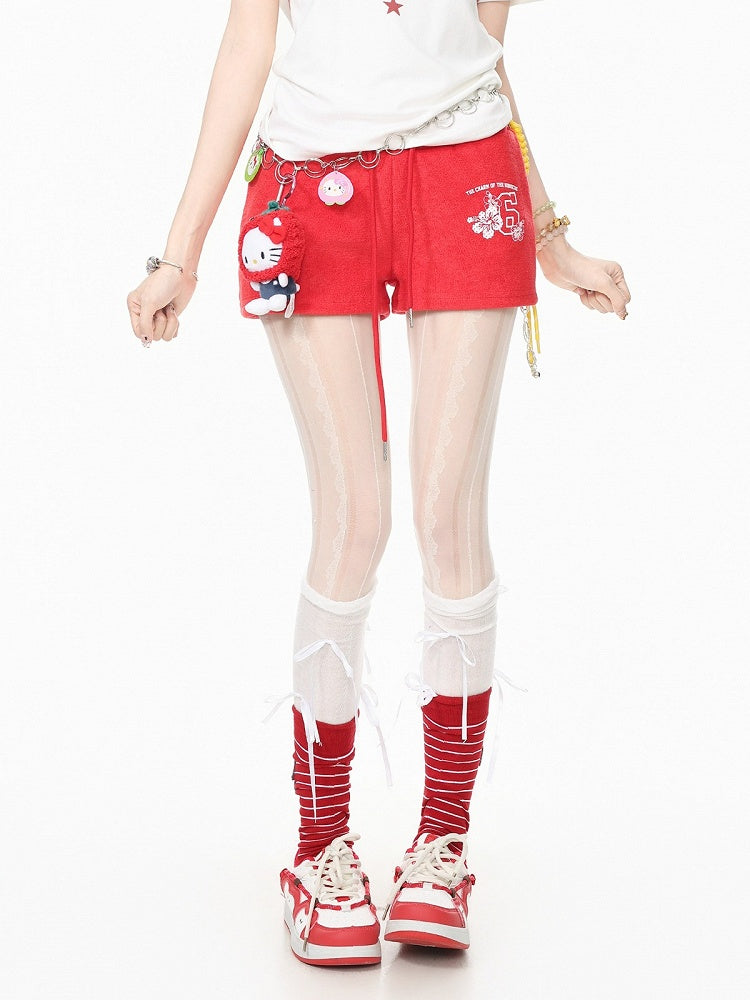 Casual Kawaii Red Letter Print Drawstring Shorts - Languid Park
