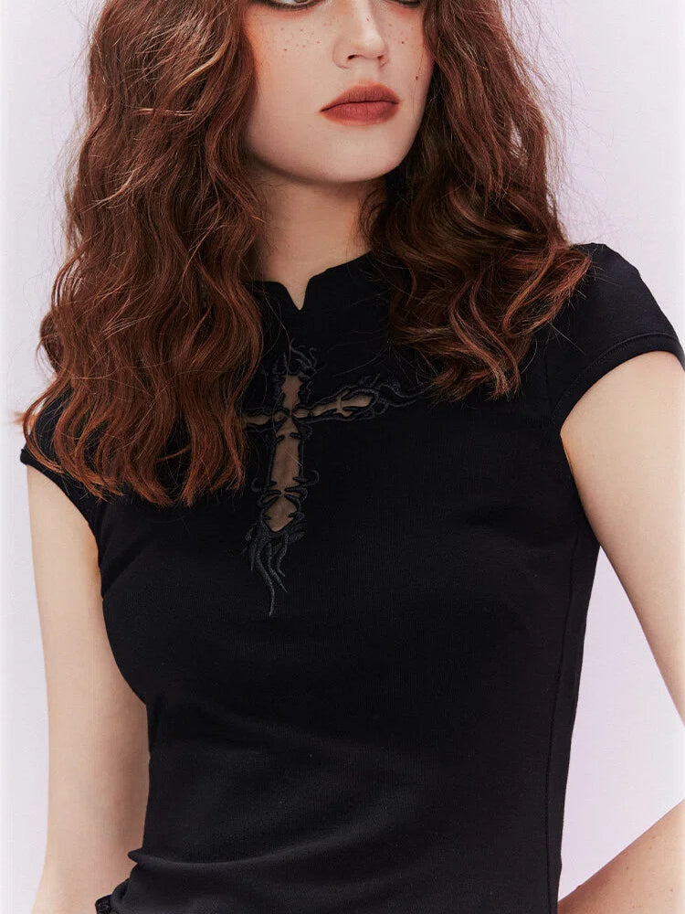 Dress Embroidery Cheongsam / Applique Black Cross with White Organza