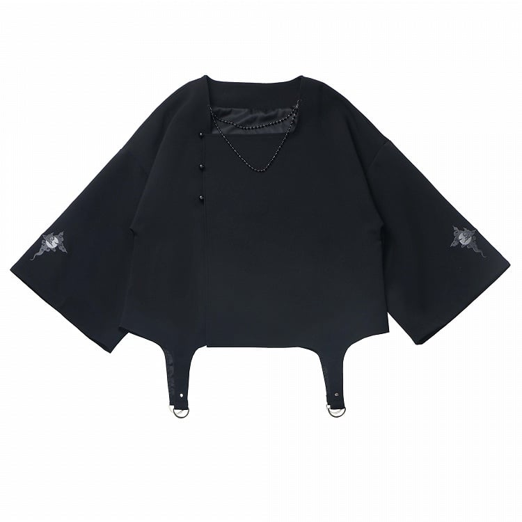 Cheongsam à poignets ornés d'une chaînette et de perles, noir/gris, encolure carrée, broderies