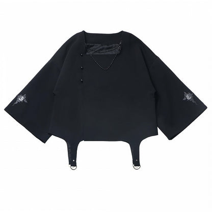 チャイナドレス カフス トップチェーン付き ビーズスタイル ブラック/グレー スクエアネックライン 刺繍入り