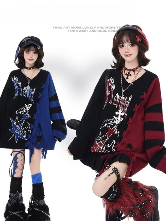 in V-Neck Sweater with Colorblock / Hem Detail and Blue Lace-Up Black Red Distressed