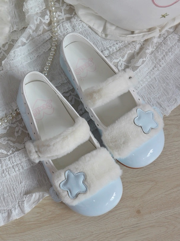 Polished Toe Detail Button Star Blue Snap Flats PU Lolita with Design Round