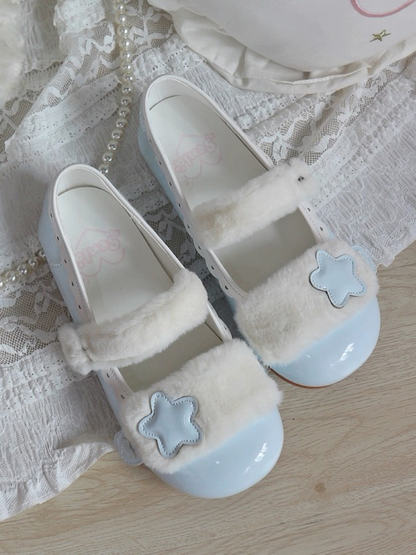 Polished Toe Detail Button Star Blue Snap Flats PU Lolita with Design Round