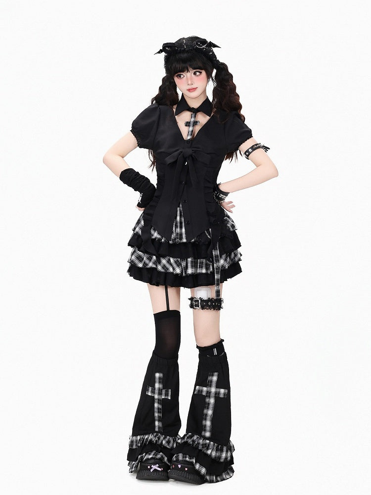 Dark Kawaii Black Detachable Collar Puff Sleeve Blouse with Ruffle Trim - CRAZY GIRL