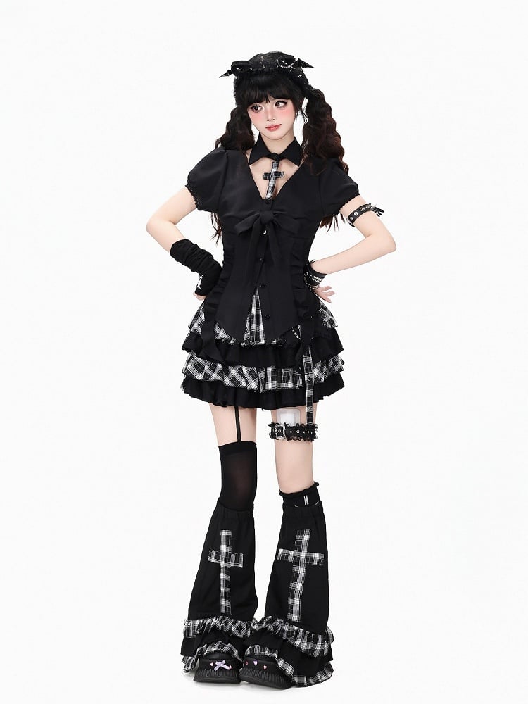 Dark Kawaii Black & White Plaid Tiered Skirt with Star Patch & Chain Detail - CRAZY GIRL
