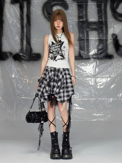 Y2K Mesh Handkerchief Black and White Plaid Hem Glamorous Skirt
