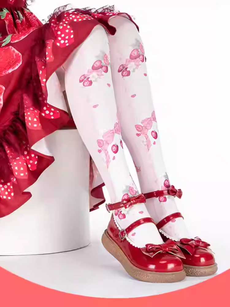 Rosa Lolita-Overknee-Strümpfe mit Erdbeer- und Schleifenmuster