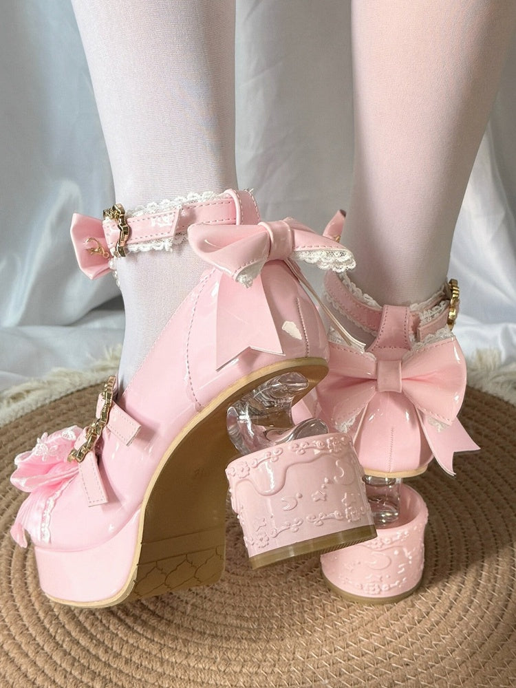 Transparent Moon Heel Lolita Shoes with Bow and Heart Buckles - Pu Yue Meng