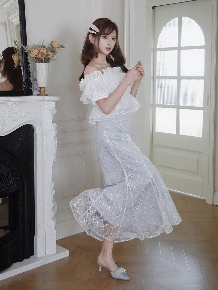 White Ruffle Chiffon Cami with Beaded Straps - Smyster