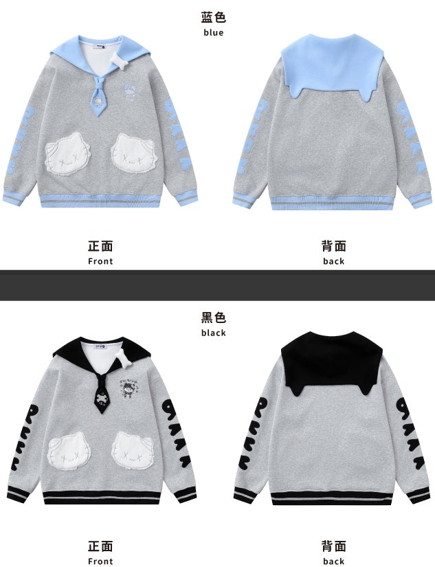 ブルー/ブラックキティ刺繍セーラーカラースウェットシャツ